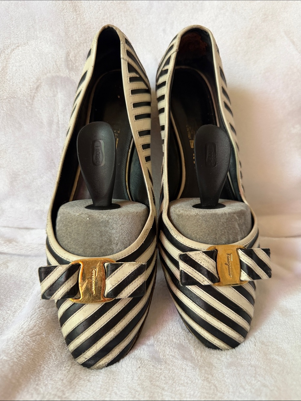 Salvatore Ferragamo Black and White Striped Bow Pumps with Gold Accent